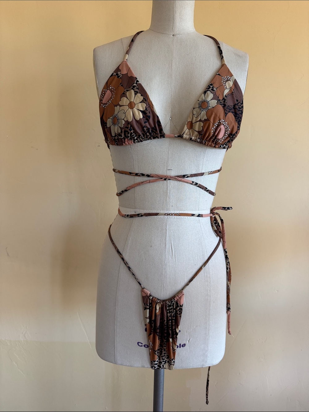 Leopard Floral Tie-Waist Triangle Bikini Set in Brown